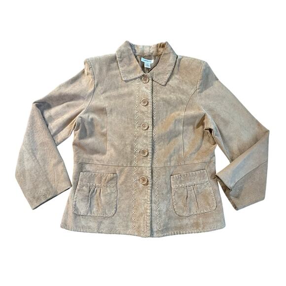Womens Tan Leather Suede Jacket By Harold's Pockets Stitching Design Sz L Button - Picture 1 of 10